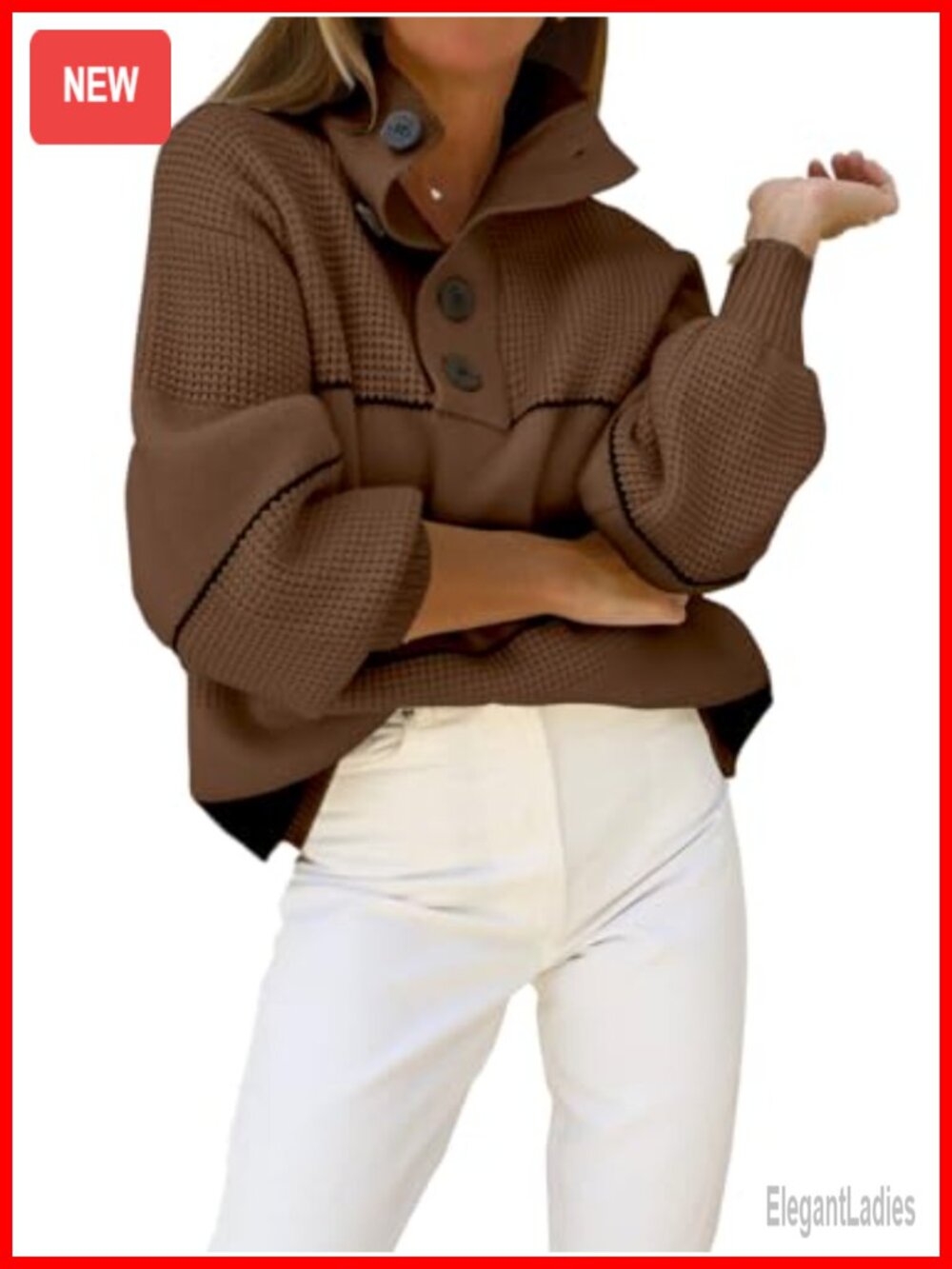 Waffle Knit Slouchy Oversized Sweater with Button Polo Collar